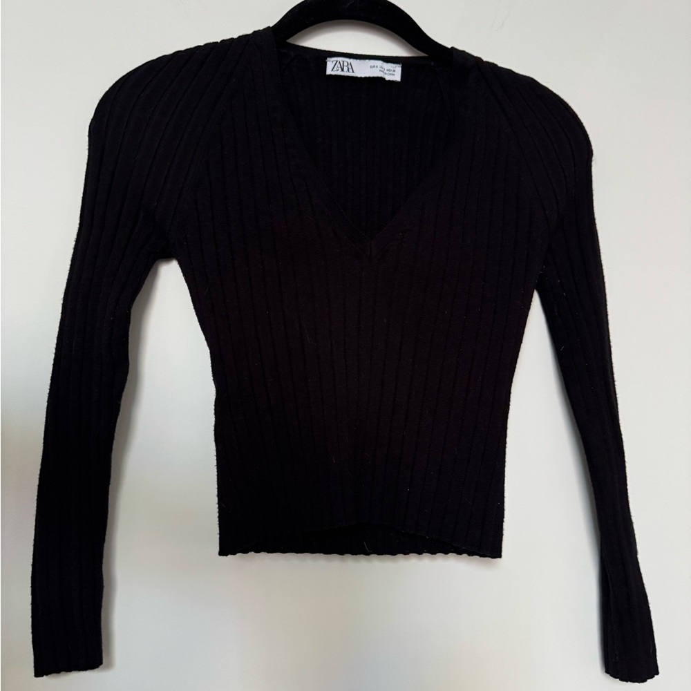 Zara Black V-Neck Cropped Top, 3/4 Sleeves